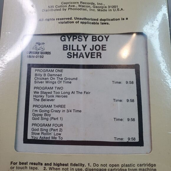 Gypsy Boy Billy Joe Shaver 8 Track Music Cartridge Capricorn Records 1977 SEALED - Picture 8 of 11